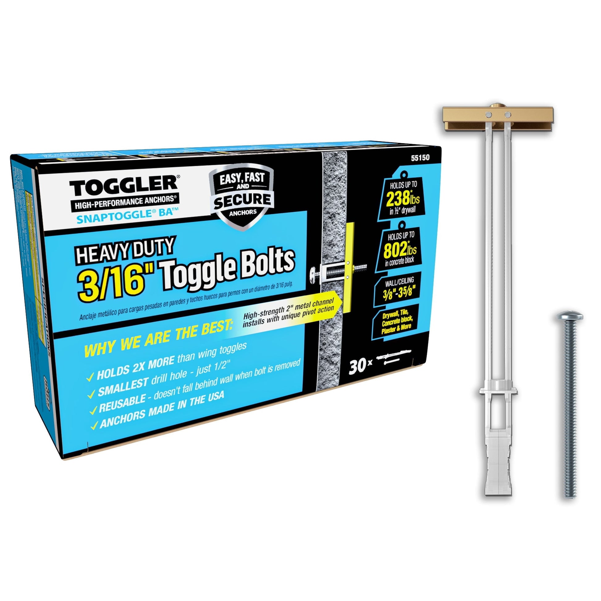 TOGGLER SnapToggle BA 3/16" Toggle Bolts with 2-1/2" Galvanized Combo Head Screws, Heavy Duty Anchors, 238 lb Drywall (Pack of 30 Screws Included)