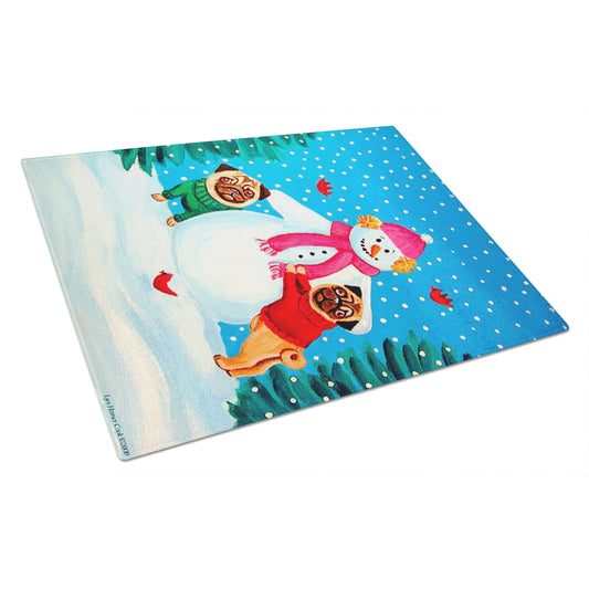 Snowman with Pug Glass Cutting Board Large