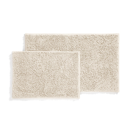 Soft Absorbent Chenille Bath Mat Rug with Anti-Skid Rubber Backing, 2 Pack, Ivory, by Noble Linens