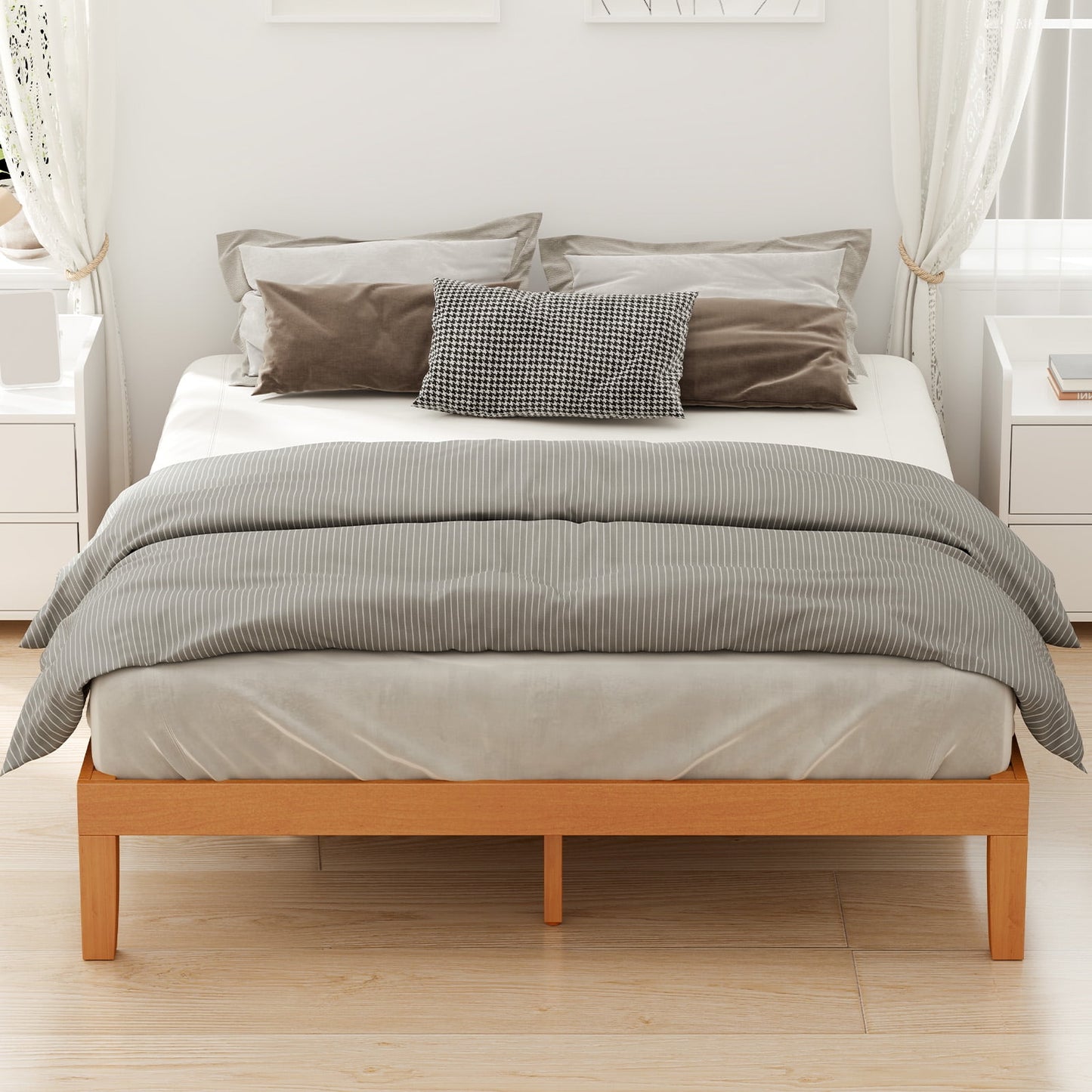 Solid Wood Bed Frame, Bed Base with Wood Slat Support, No Box Spring Neededï¼ŒQueen Size