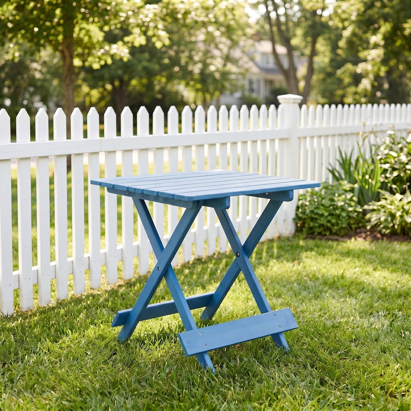 Solid Wood Folding Square Table, Weather Resistant Patio Outdoor Side Table, Portable Space-Saving Blue Foldable Table for Backyard Balcony Home Small Spaces
