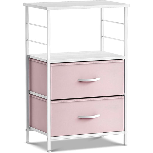 Sorbus 2-Drawer Nightstand with Fabric Drawer, Steel Frame and Open Shelf, Pink