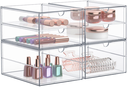 Sorbus 2-Piece Clear Acrylic Makeup Organizer with 3 Drawers (2 Pack), Stackable Storage Bins