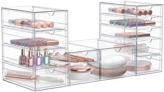 Sorbus 3-Piece Clear Acrylic Makeup Organizer with 12 Drawers, Stackable Storage Bins