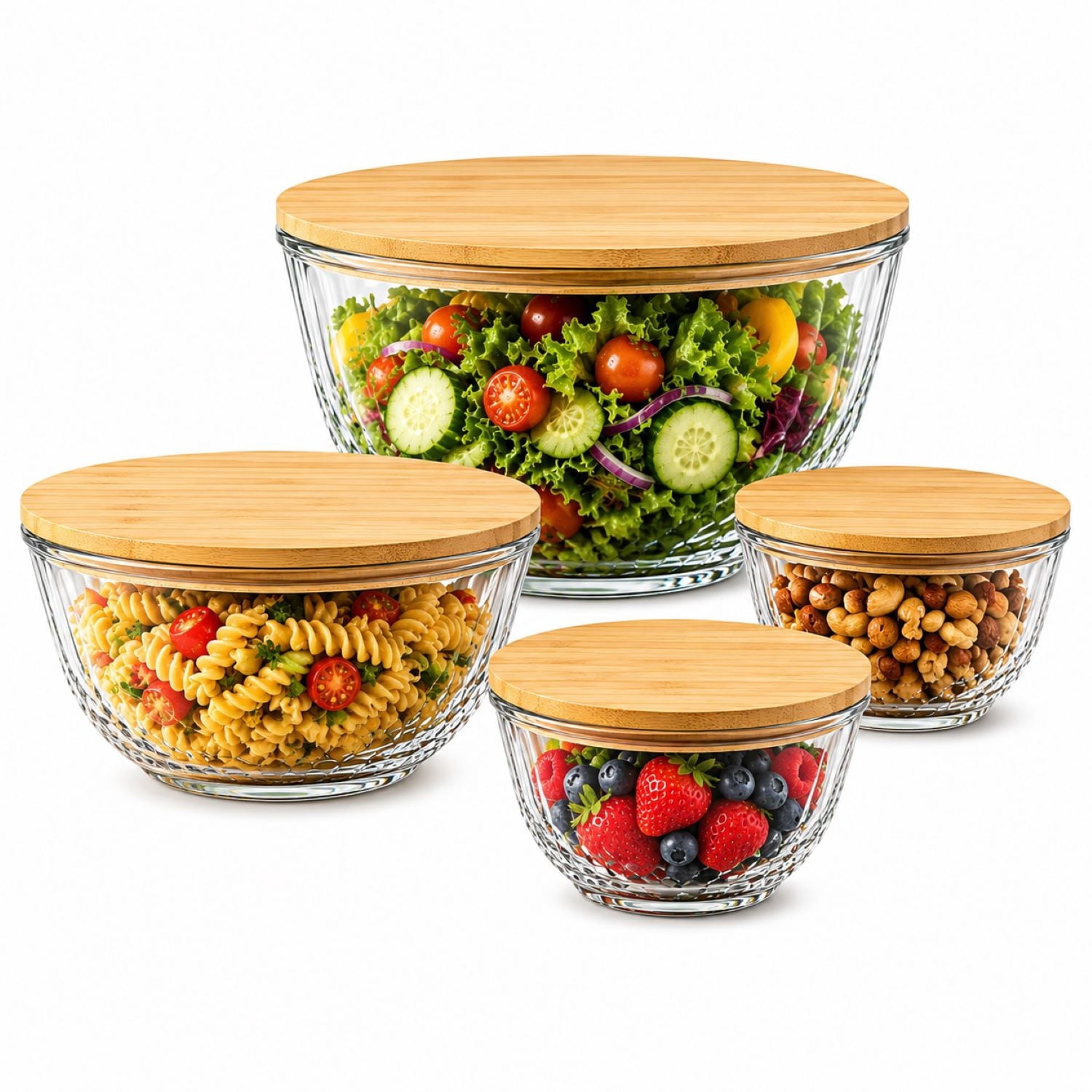 Sorbus 4-Piece Diamond Textured Glass Mixing Bowl Set with Airtight Bamboo Lids, Assorted Sizes