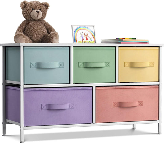 Sorbus 5-Drawer Dresser Storage Chest, Steel Frame, Wood Top, Fabric Bins, Multi Pastel