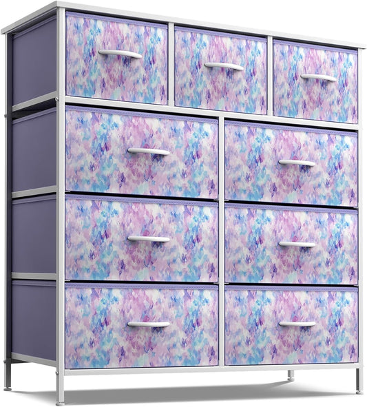 Sorbus 9-Drawer Dresser Nightstand End Table, Steel Frame, Wood Top, Tie-Dye Purple