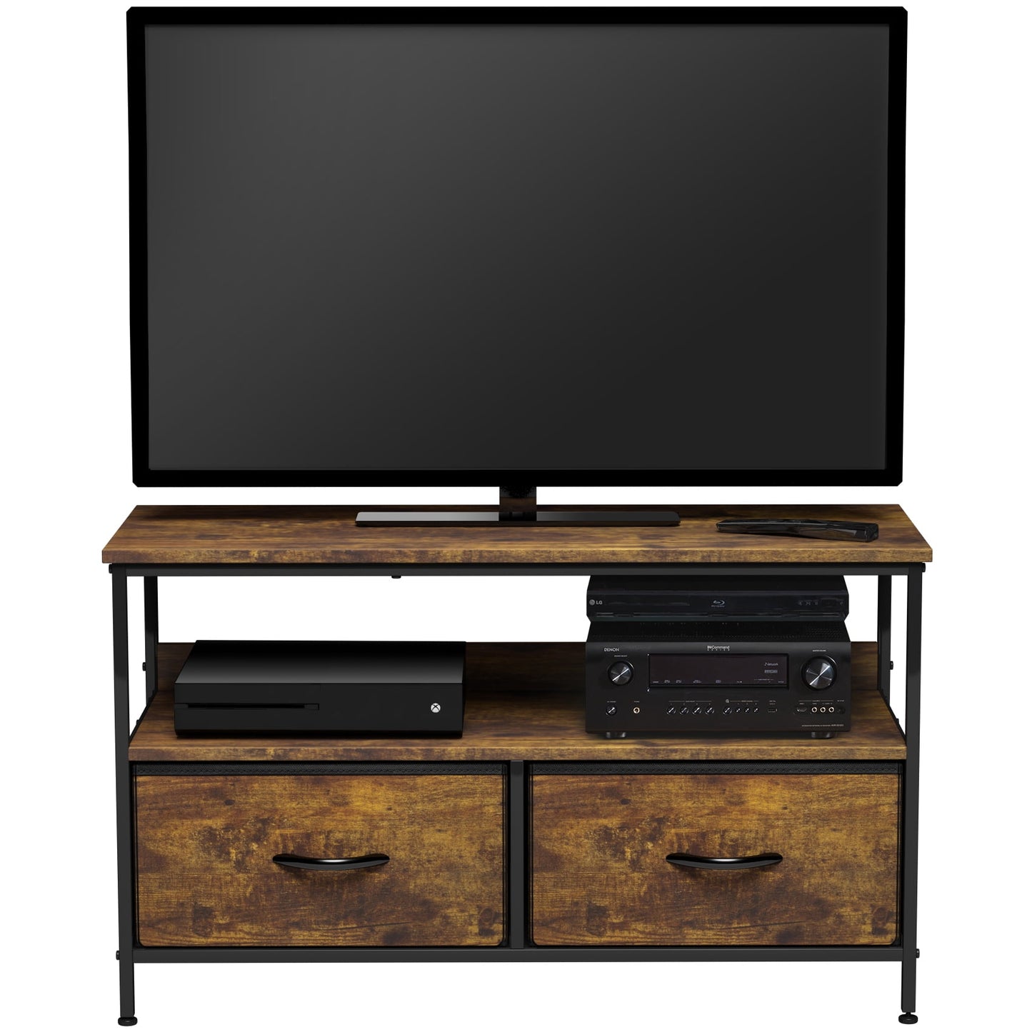 Sorbus Dresser Drawer TV Stand with Fabric Storage Bins, Steel Frame, Wood Top, Rustic Brown