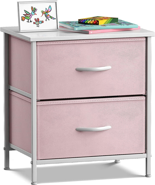 Sorbus Nightstand with 2 Drawers, Steel Frame, Wood Top, Fabric Bins, Pink