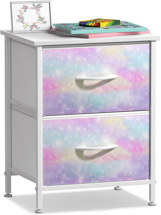 Sorbus Nightstand with 2 Drawers, Steel Frame, Wood Top, Fabric Bins, Rainbow Sparkle