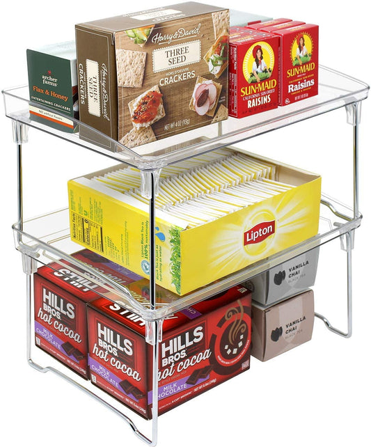 Sorbus Stackable Shelves for Cabinets & Countertop - Storage Shelf Organizer Stand Racks- Foldable Two Shelves, Clear Plastic/Metal