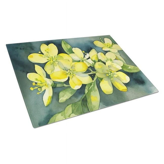 South Carolina Yellow Jessamine in Watercolor Glass Cutting Board Large 12 in x 15 in