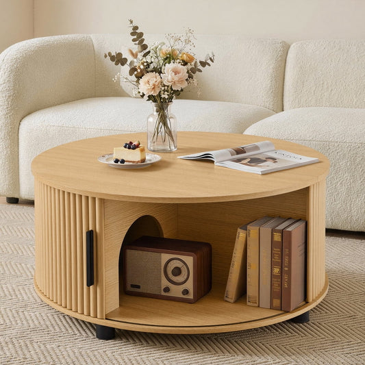 Spruce & Spring 31.5" Round Lift-Top Coffee Table with Storage, Fluted Drum Table with Sliding Door & Curved Pet Opening, Mid-Century Modern Wood Coffee Table for Living Room and Small Spaces, Oak