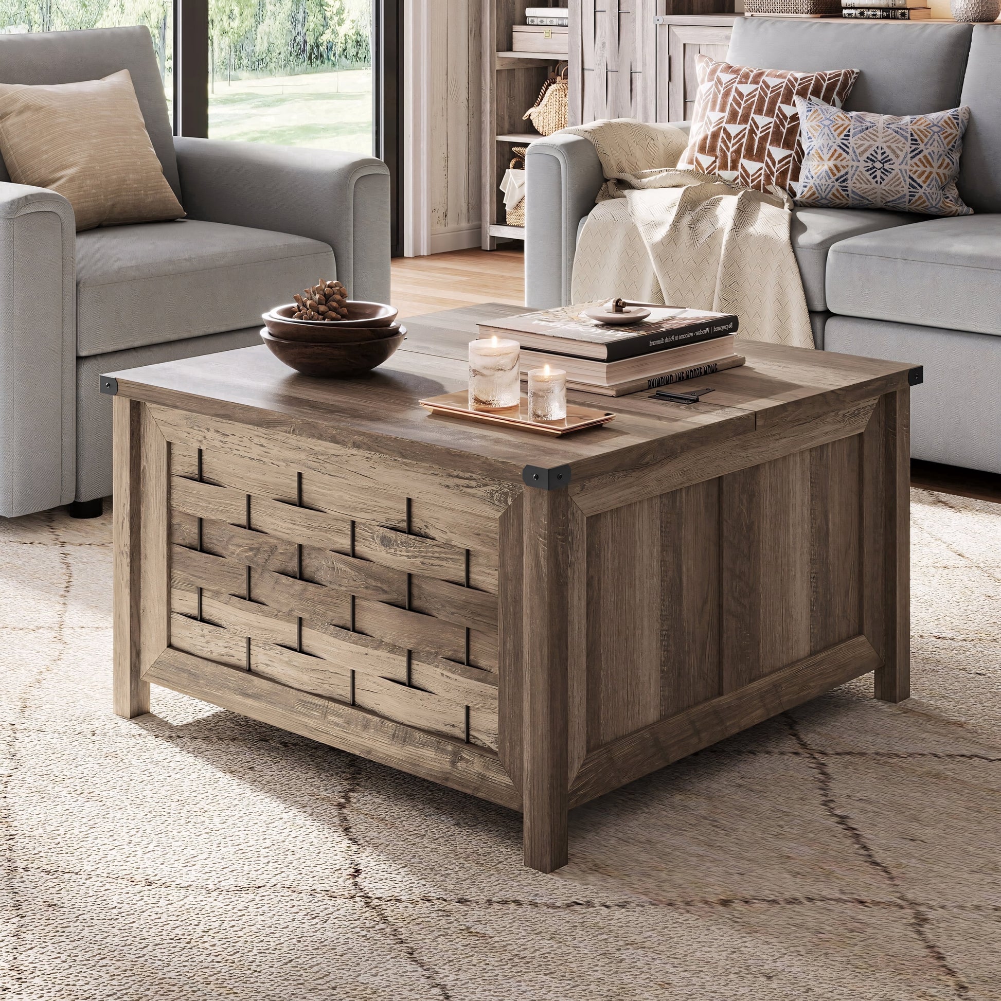 Square Farmhouse Coffee Table with Hidden Storage Compartment Light Brown