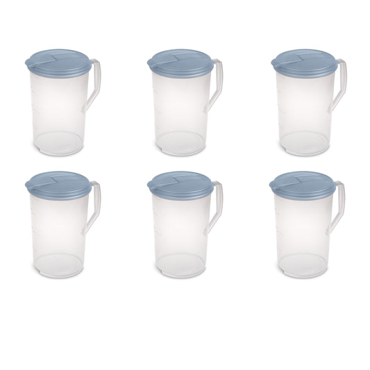 Sterilite 1 Gal. Round Pitcher, Clear Plastic, Flip-top Spout, Light Blue, 6 Count