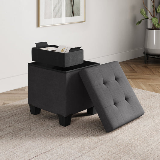 StorageBud Ottoman with Storage Bench, 15-inch Foot Stool Storage Ottoman, Linen, Gray
