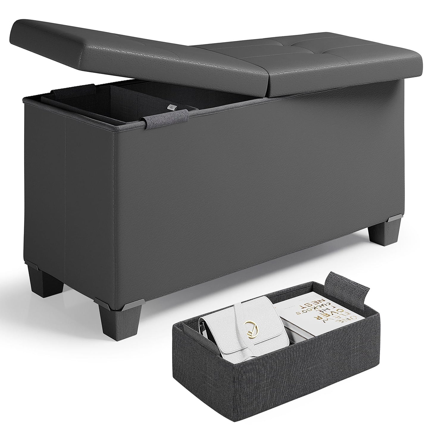 Storagebud Ottoman Storage Bench, Faux Leather 30" Storage Ottoman Bench, Gray