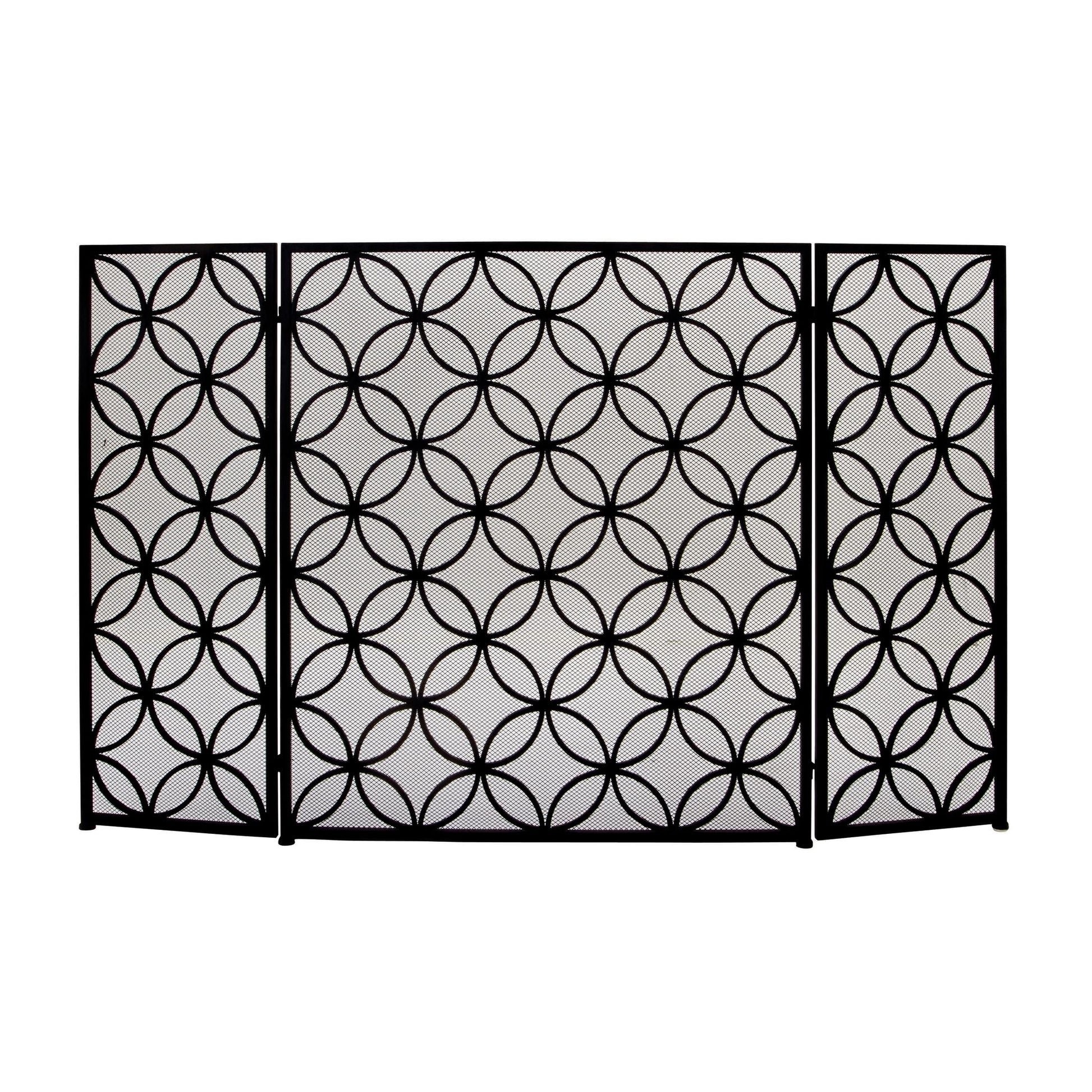DecMode Contemporary Metal Foldable Quatrefoil Pattern 3 Panel Fireplace Screen with Mesh Netting and Black Finish, 48"W x 30"H