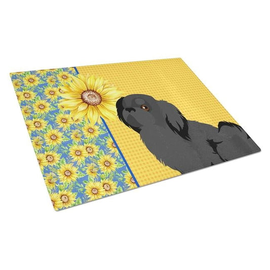 Summer Sunflowers Black Pekingese Glass Cutting Board Large 12 in x 15 in