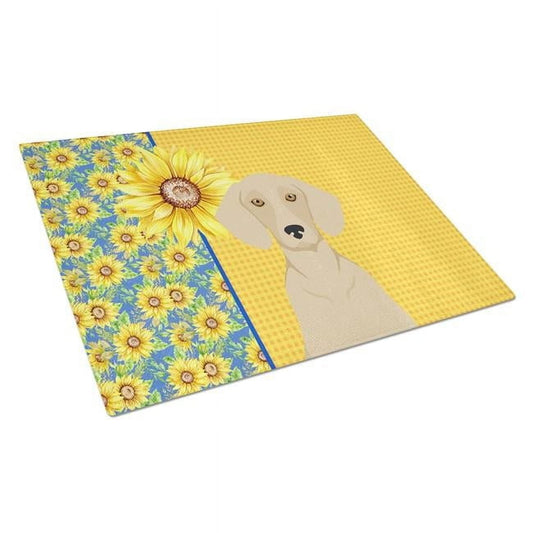 Summer Sunflowers Cream Dachshund Glass Cutting Board Large 12 in x 15 in