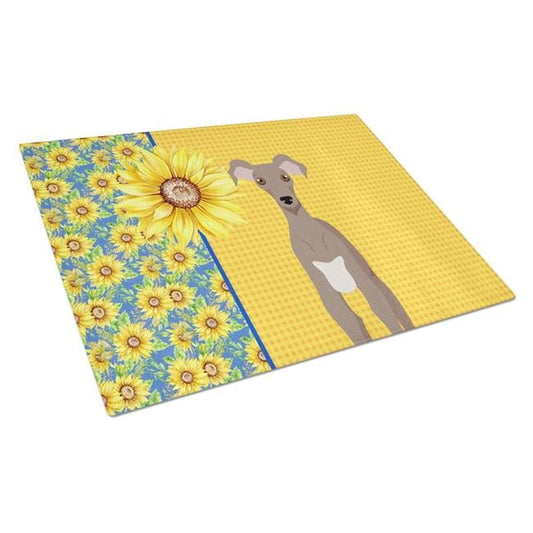 Summer Sunflowers Fawn Italian Greyhound Glass Cutting Board Large 12 in x 15 in
