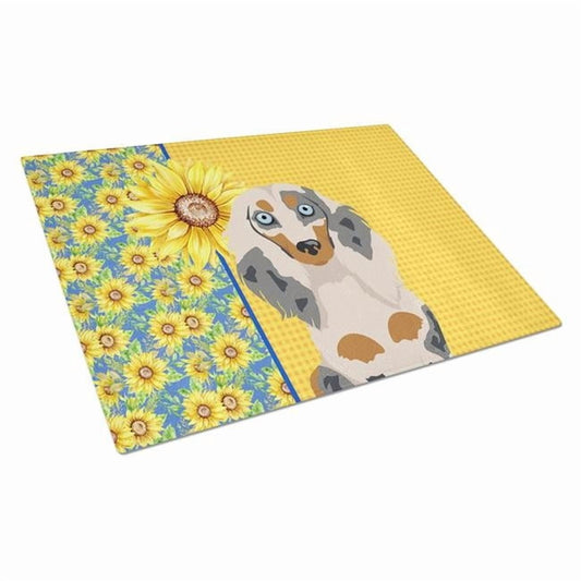 Summer Sunflowers Longhair Cream Dapple Dachshund Glass Cutting Board Large 12 in x 15 in