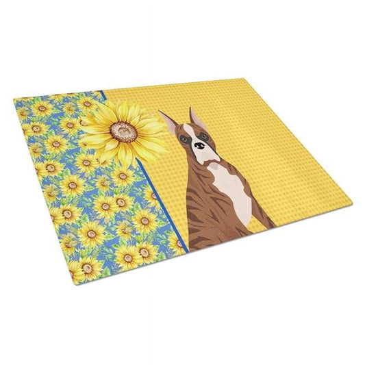 Summer Sunflowers Red Brindle Boxer Glass Cutting Board Large 12 in x 15 in