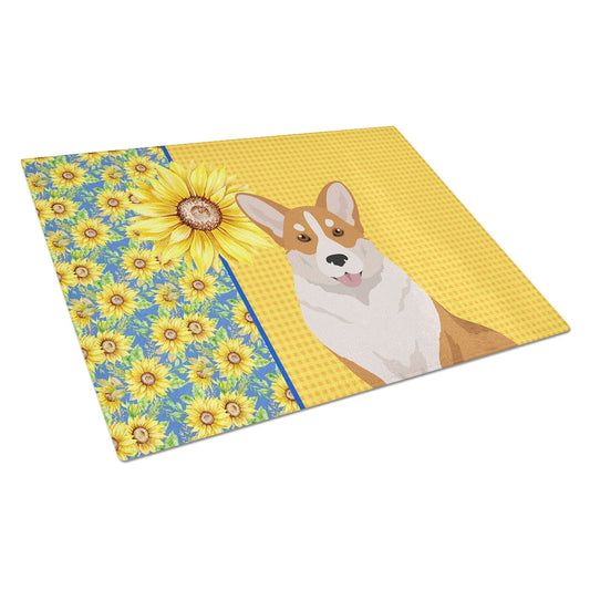 Summer Sunflowers Red Cardigan Corgi Glass Cutting Board Large 12 in x 15 in