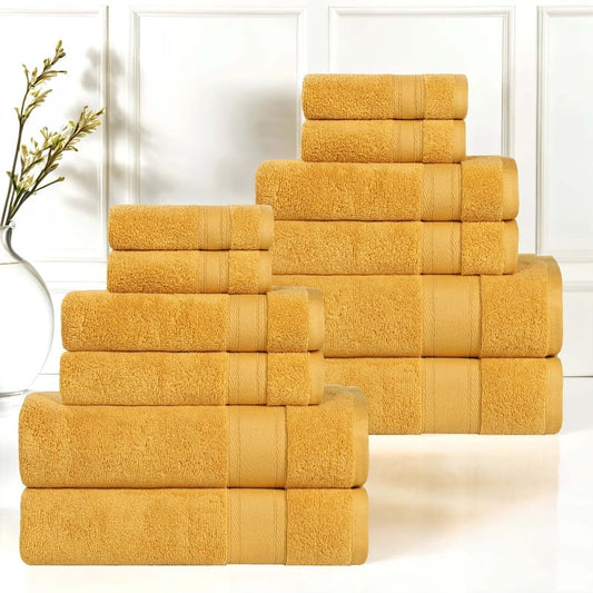 Superior Belmont 12 Piece Zero Twist Towel Set, Ultra Soft Cotton Towels, Gold