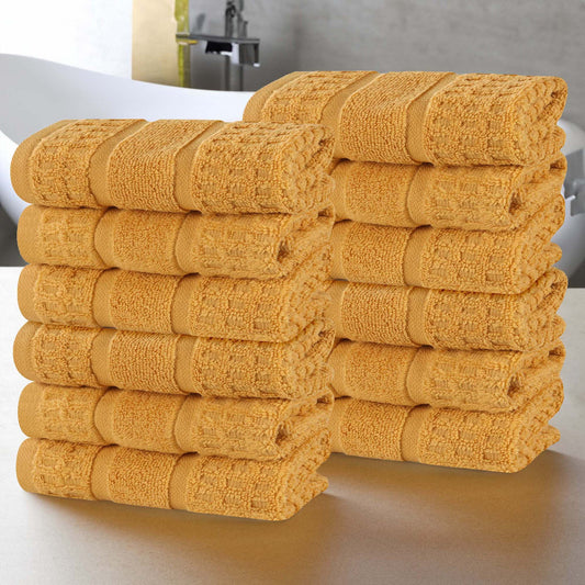 Superior Zero Twist 12-Piece Cotton Face Towel Set, Waffle Border Ultra Doft Quick Dry Towels, Gold