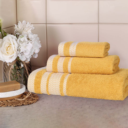 Superior Hays 3 Piece Cotton Plush Towel Set, Ultra Soft Absobent Towels, Gold