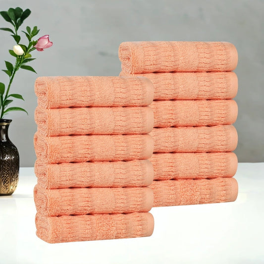 Superior Mika Smart Twist Cotton Medium Weight Face Towels Washcloths, Set of 12, Quick Dry Towels, Peach
