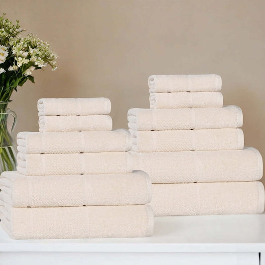 Superior Mile Smart Twist Cotton Medium Weight 12 Piece Towel Set, Ultra Absorbant Towels, Ivory