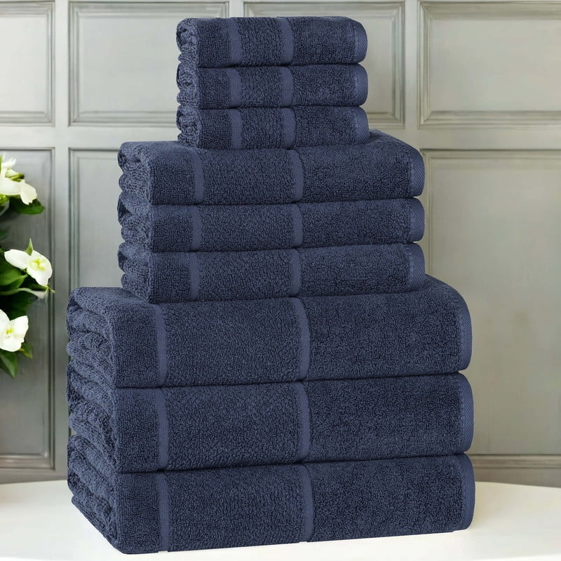 Superior Mile Smart Twist Cotton Medium Weight 9 Piece Towel Set, Ultra Absorbant Towels, Navy Blue