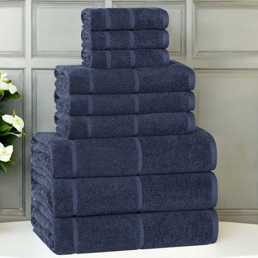 Superior Mile Smart Twist Cotton Medium Weight 9 Piece Towel Set, Navy Blue