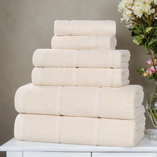 Superior Milo 6 Piece Smart Twist Cotton Towel Set, Medium Weight Ribbed Design Towels, Ivory