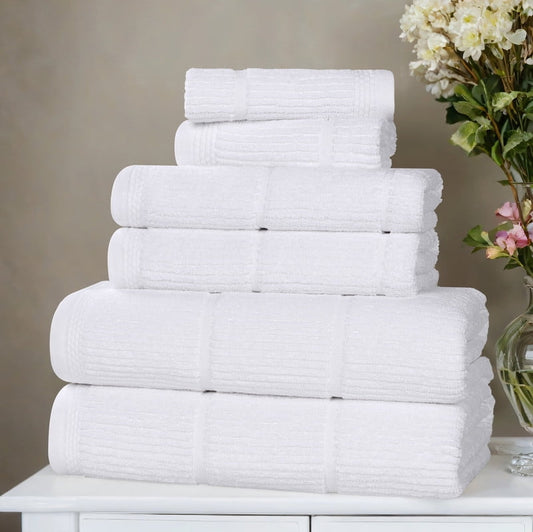 Superior Milo 6 Piece Smart Twist Cotton Towel Set, Medium Weight Ribbed Design Towels, White