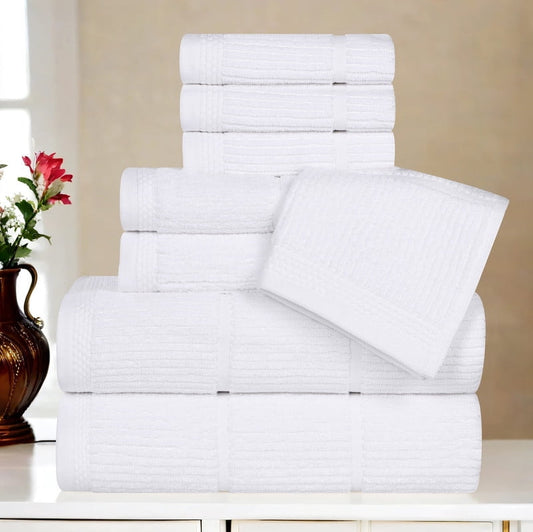 Superior Milo 8 Piece Smart Twist Cotton Towel Set, Medium Weight Ribbed Design Towels, White