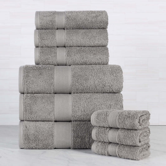 Superior Oregon Organic Cotton 9 Piece Towel Set, Soft Medium Weight Towels, Silver