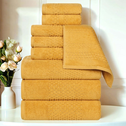Superior Playa Zero Twist Cotton Solid Waffle Textured 9 Piece Towel Set, Gold
