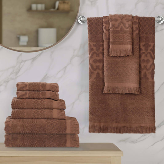 Superior Rolla Geometric Cotton 9 Piece Towel Set, Quick-Dry Ultra Soft Towels, Chocolate