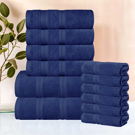 Superior Smart Dry 12-Piece Zero Twist Soft Cotton Towel Set, Quick Dry Fade Resistant, Navy Blue