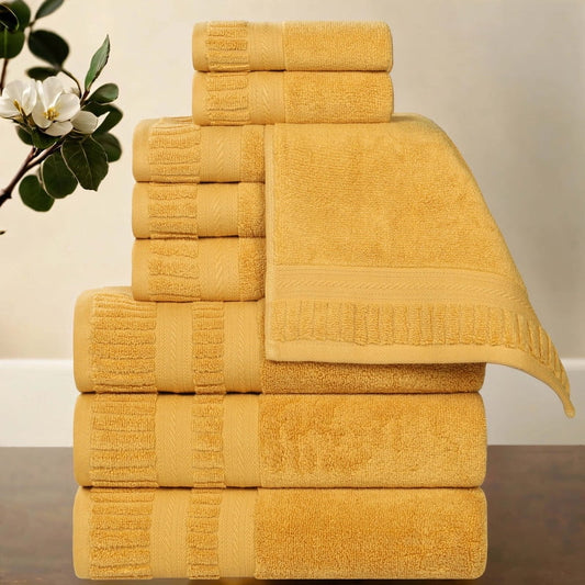 Superior Venice Ribbed Textured Border Zero Twist 9 Piece Towel Set, Gold