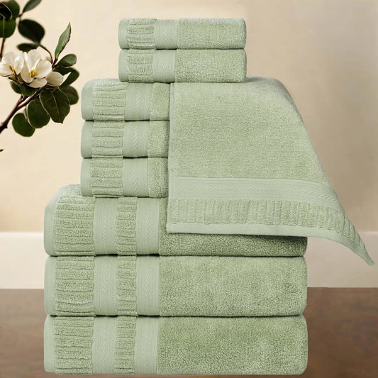 Superior Venice Ribbed Textured Border Zero Twist 9 Piece Towel Set, Green