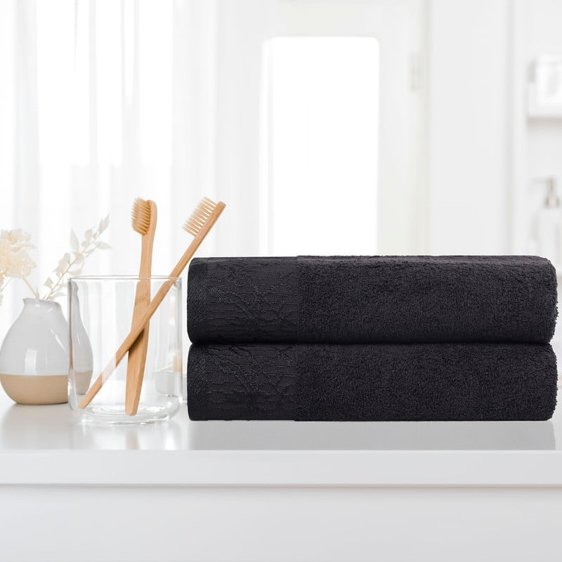 Superior Wisteria Floral Cotton Bath Towels, Set of 2, Black/ Black