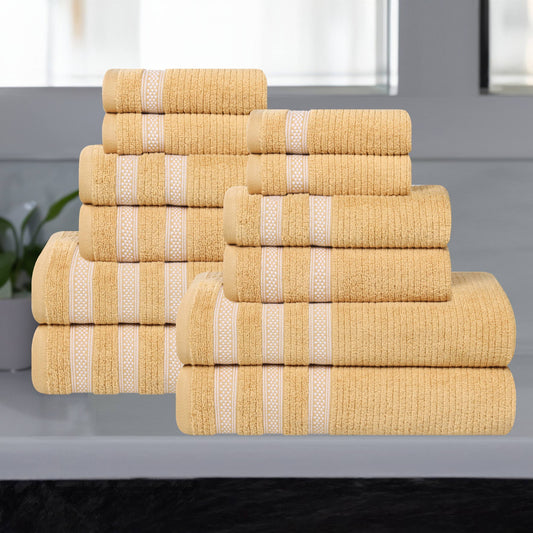Superior Zero Twist Cotton Ribbed Geometric 12-Piece Towel Set, Ultra Soft Quick Dry, Gold