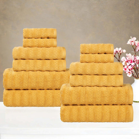 Superior Zuma Waffle Textured Stripes Cotton 12 Piece Towel Set, Zero Twist Absorbent Towels, Gold