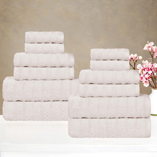 Superior Zuma Waffle Textured Stripes Cotton 12 Piece Towel Set, Zero Twist Absorbent Towels, Silver