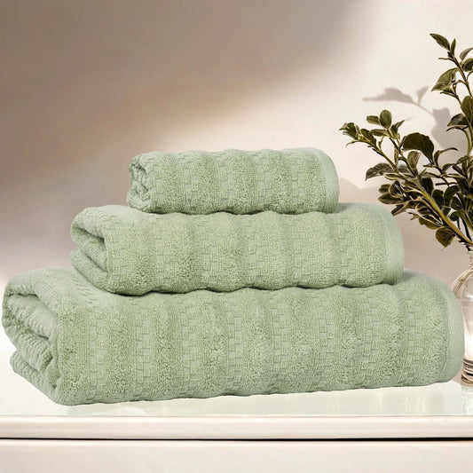 Superior Zuma Waffle Textured Stripes Cotton 3 Piece Towel Set, Zero Twist Absorbent Towels, Green