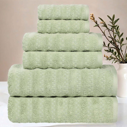 Superior Zuma Waffle Textured Stripes Cotton 6 Piece Towel Set, Zero Twist Absorbent Towels, Green
